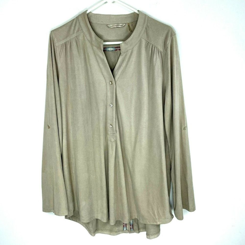 Soft Surroundings Top Size Medium Faux Suede Beige Tan Roll Tab Sleeves Shirt